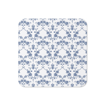 Azure Botanics Collection | Ethereal Delft | Porcelain Blue Botanical Cork-Back Coaster