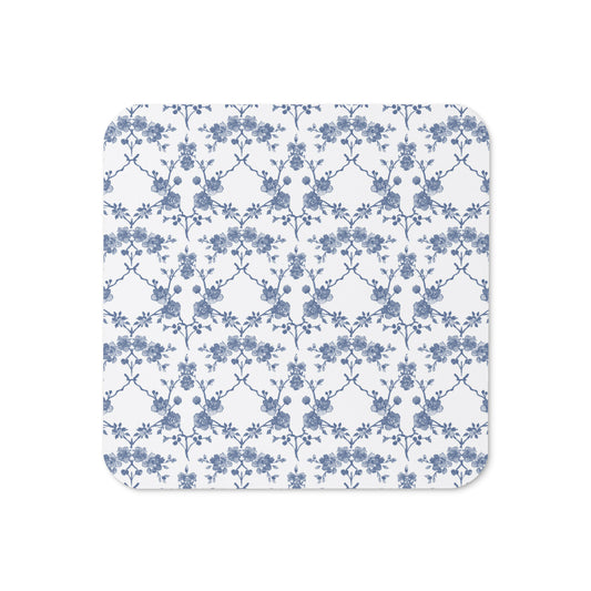 Azure Botanics Collection | Ethereal Delft | Porcelain Blue Botanical Cork-Back Coaster