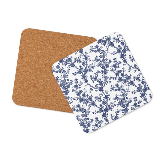 Azure Botanics Collection | Midnight Bloom | Elegant Navy Botanical Cork-Back Coaster