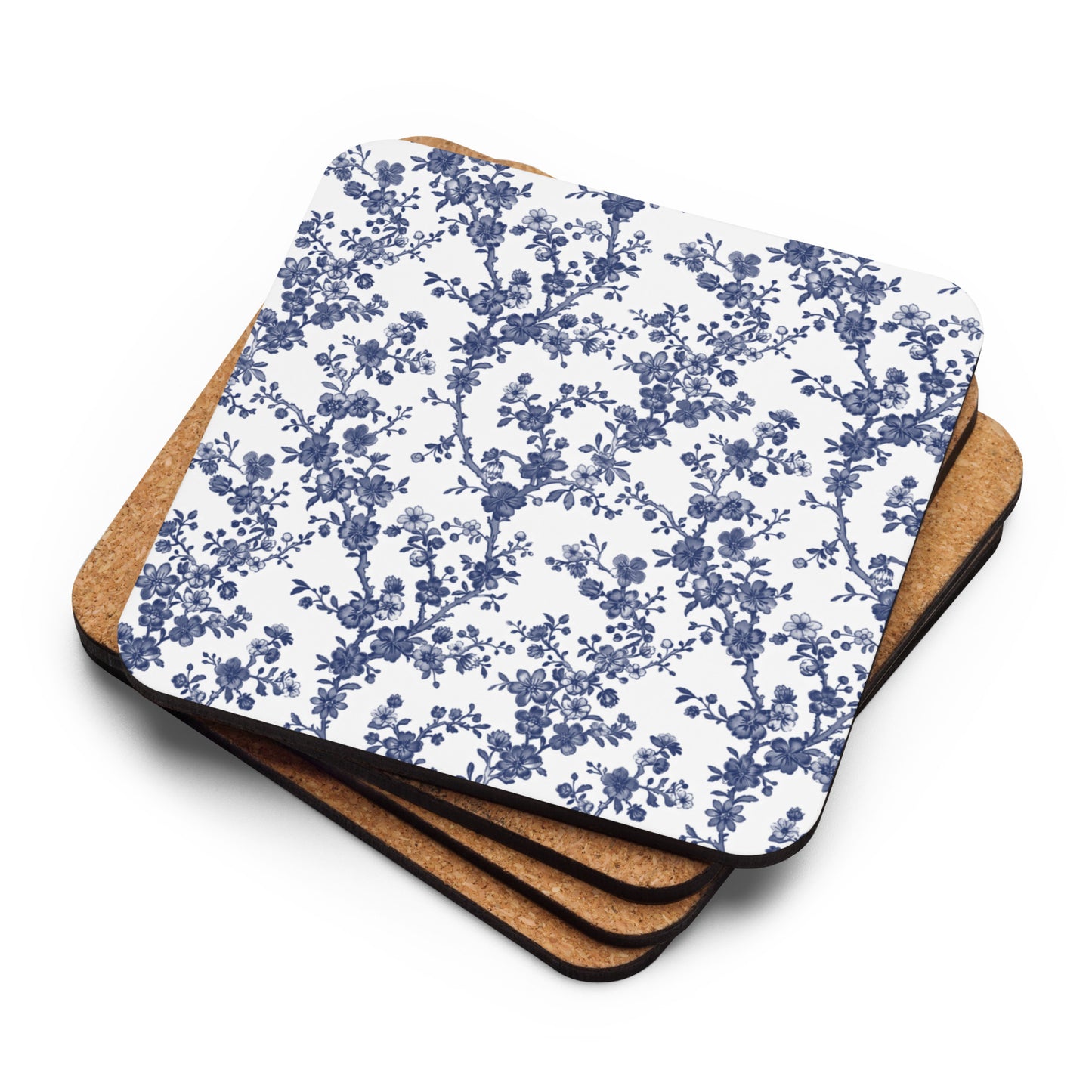 Azure Botanics Collection | Midnight Bloom | Elegant Navy Botanical Cork-Back Coaster