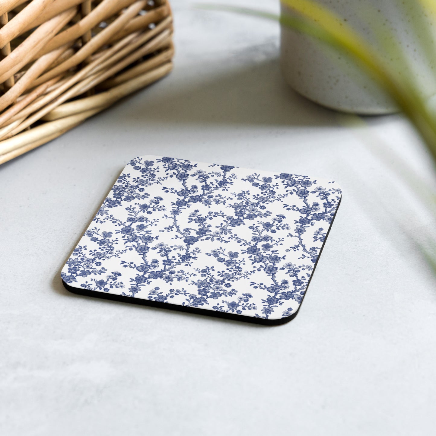 Azure Botanics Collection | Midnight Bloom | Elegant Navy Botanical Cork-Back Coaster